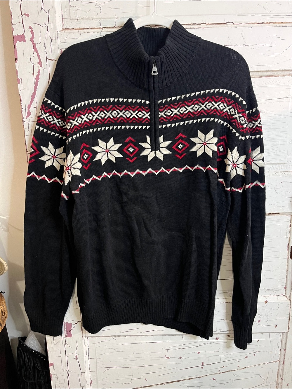Original Weatherproof Vintage Black Fair Isle Quarter Zip Sweater XL 100% Cotton